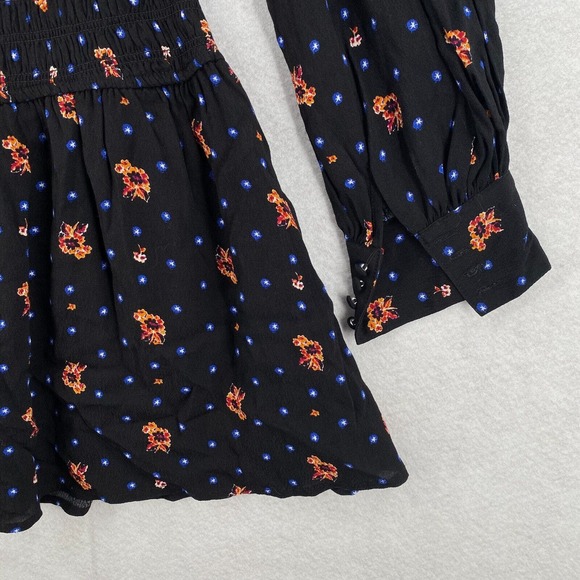 Free People Two Faces Mini Dress Womens XS Black Smocked Waist Balloon Sleeve - Picture 9 of 16